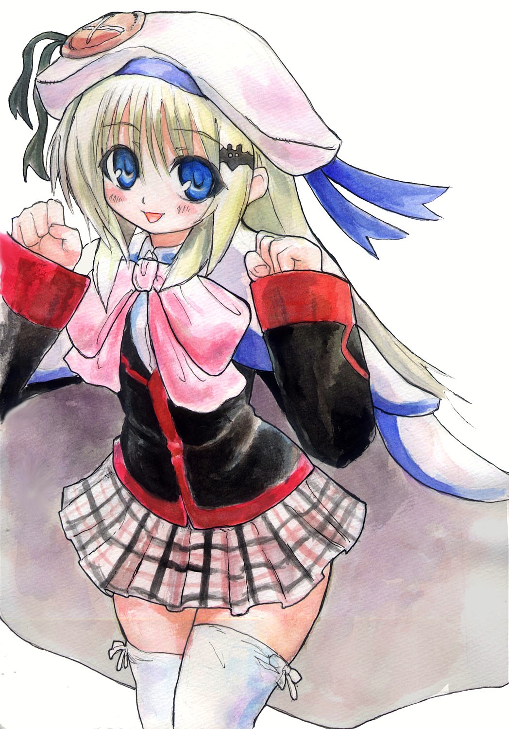 taishi (artist), taishi (picchiridou), noumi kudryavka, little busters!, bad id, bad pixiv id, highres, traditional media, 1girl, blonde hair, blue eyes, bow, buttons, cape, female focus, hat, large buttons, long hair, pink bow, plaid clothes, plaid skirt, school uniform, serafuku, skirt, solo, thighhighs