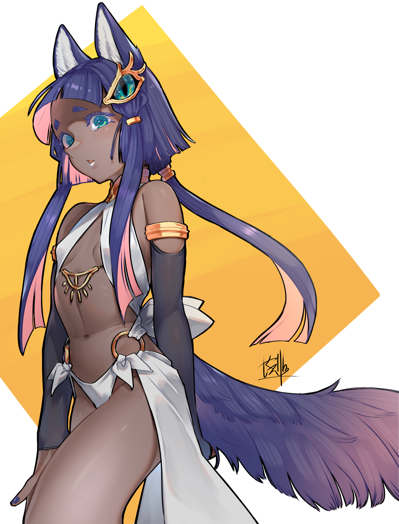 kawarage, original, highres, 1girl, ancient egyptian, animal ears, armlet, bikini, blue hair, breasts, cat ears, cat tail, colored inner hair, dark-skinned female, dark skin, eye of horus, from side, groin, jewelry, long hair, looking at viewer, multicolored hair, nail polish, navel, necklace, open mouth, pink hair, short eyebrows, signature, small breasts, solo, stomach, surprised, swimsuit, tail, thick eyelashes, white bikini