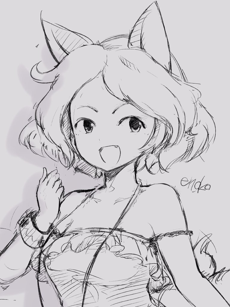 yukihiko (sky sleep), mitsugashira enoko, touhou, 1girl, animal ears, bare shoulders, character name, collarbone, dog ears, fang, looking at viewer, monochrome, open mouth, short hair, simple background, sketch, solo, upper body