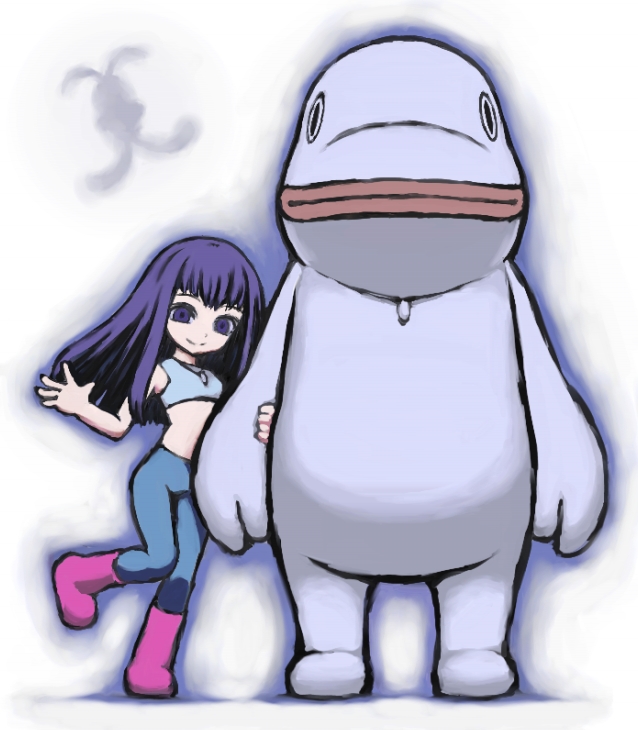 iseki (kuroshura no tabiji), kaba, chroniko, hippo, hyohyo (kaiba), kaiba (character), kaiba, bad id, bad pixiv id, 00s, 1girl, blue bra, boots, bra, creature, crossed legs, denim, height difference, jeans, jewelry, lips, looking at viewer, midriff, navel, necklace, pants, pink boots, purple eyes, purple hair, rubber boots, simple background, sports bra, standing, standing on one leg, stomach, underwear, waving, white background