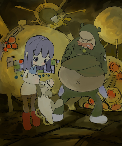 chroniko, vanilla (character), vanilla (kaiba), kaiba, pink footwear, 00s, 1boy, 1girl, boots, holster, indoors, jewelry, lips, midriff, navel, necklace, police, police uniform, policeman, purple hair, winding key
