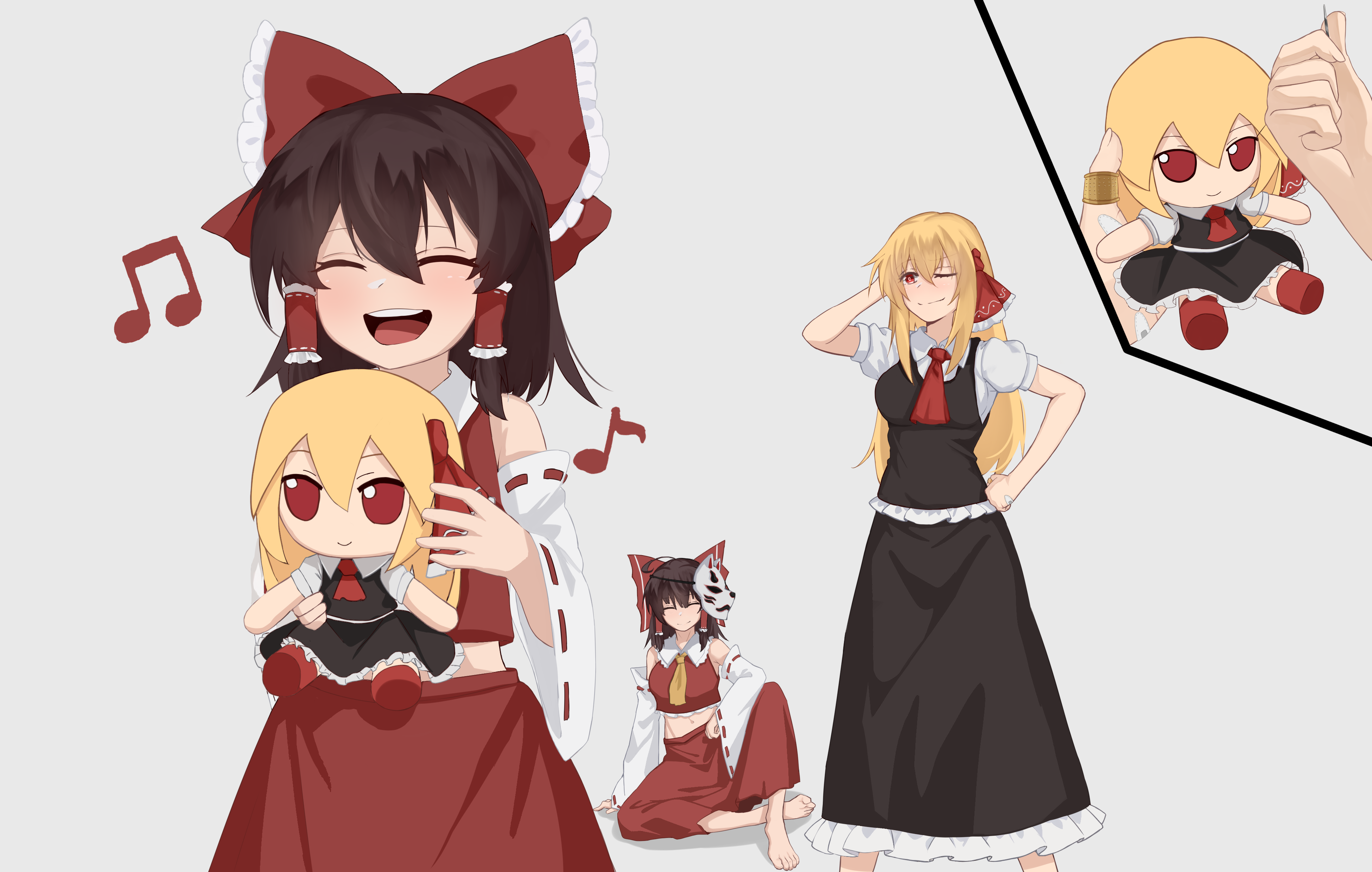 jager, ex-rumia, hakurei reimu, rumia, sendai hakurei no miko, touhou, absurdres, chinese commentary, commentary request, highres, 3girls, ascot, black vest, blonde hair, brown hair, fumo (doll), grey background, hair ribbon, hair tubes, long hair, long skirt, multiple girls, musical note, osana reimu, red eyes, red ribbon, red skirt, ribbon, sewing, short hair, sidelocks, simple background, skirt, vest, yellow ascot