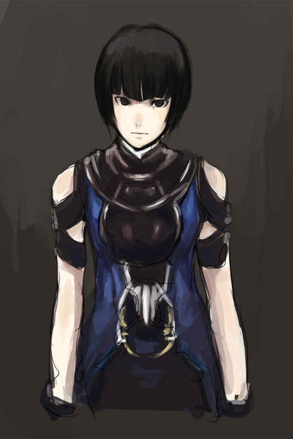 kasa (hitori sanka), millennia, millennia (kagero), kagero deception, kagerou: kokumeikan shinshou, 1girl, :|, armor, bare shoulders, black background, black eyes, black hair, blue dress, bob cut, breastplate, closed mouth, cowboy shot, cropped legs, cuffs, dress, expressionless, female focus, looking at viewer, short hair, simple background, sketch, sleeveless, solo, turtleneck