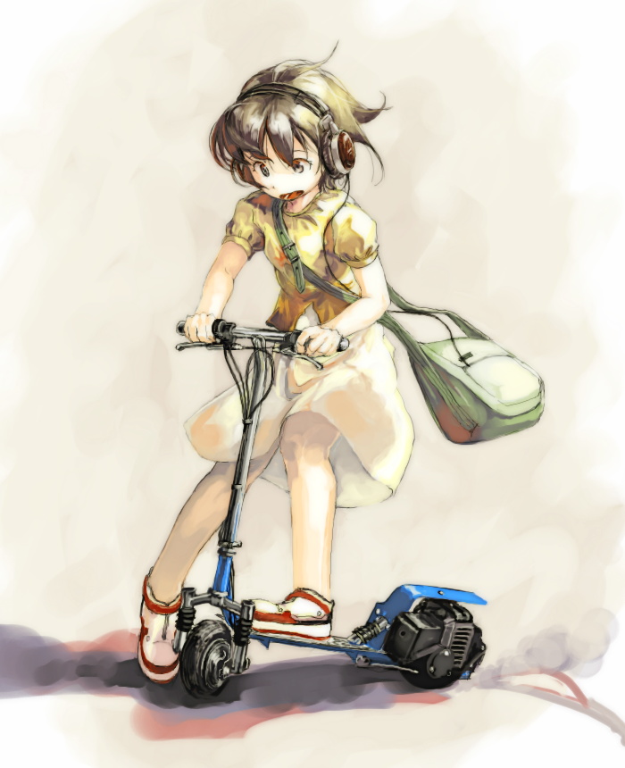 myu, original, vehicle, tagme, 1girl, brown eyes, brown hair, female focus, full body, headphones, motor vehicle, motorized scooter, short hair, solo