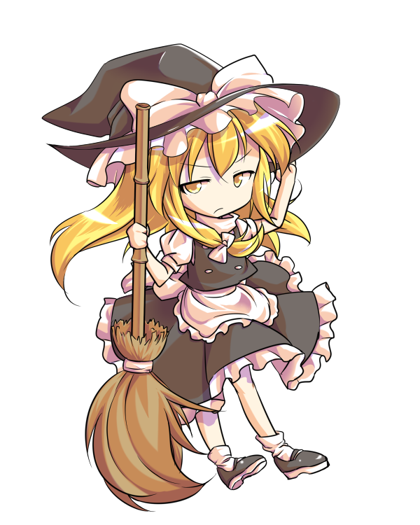 dairi, kirisame marisa, touhou, commentary request, large variant set, variant set, ankle socks, apron, black boots, black hat, black skirt, black vest, blonde hair, boots, bow, broom, collared shirt, frilled hat, frilled skirt, frills, hair between eyes, hair bow, half-closed eyes, hands up, hat, hat bow, high collar, holding, holding broom, looking at viewer, mary janes, puffy short sleeves, puffy sleeves, shirt, shoes, short sleeves, simple background, skirt, skirt set, socks, transparent background, vest, waist apron, white apron, white bow, white shirt, white socks, witch hat, yellow eyes