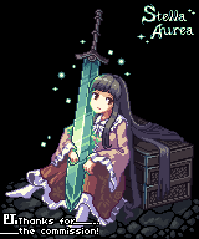 greenapple (g apple0511), houraisan kaguya, bloodborne, touhou, commentary, commission, 1girl, black background, black hair, blunt bangs, brown eyes, closed mouth, full body, hime cut, holding, holding sword, holding weapon, long hair, long sleeves, looking at viewer, moonlight greatsword, pixel art, red skirt, simple background, sitting, skirt, solo, sword, very long hair, weapon