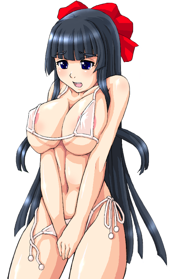 nanashi mushi, 1girl, bikini, black hair, blue eyes, blush, breasts, breasts squeezed together, covering crotch, covering privates, female focus, hair ribbon, huge breasts, long hair, micro bikini, nipples, oekaki, ribbon, side-tie bikini bottom, solo, swimsuit, very long hair, wardrobe malfunction, white bikini