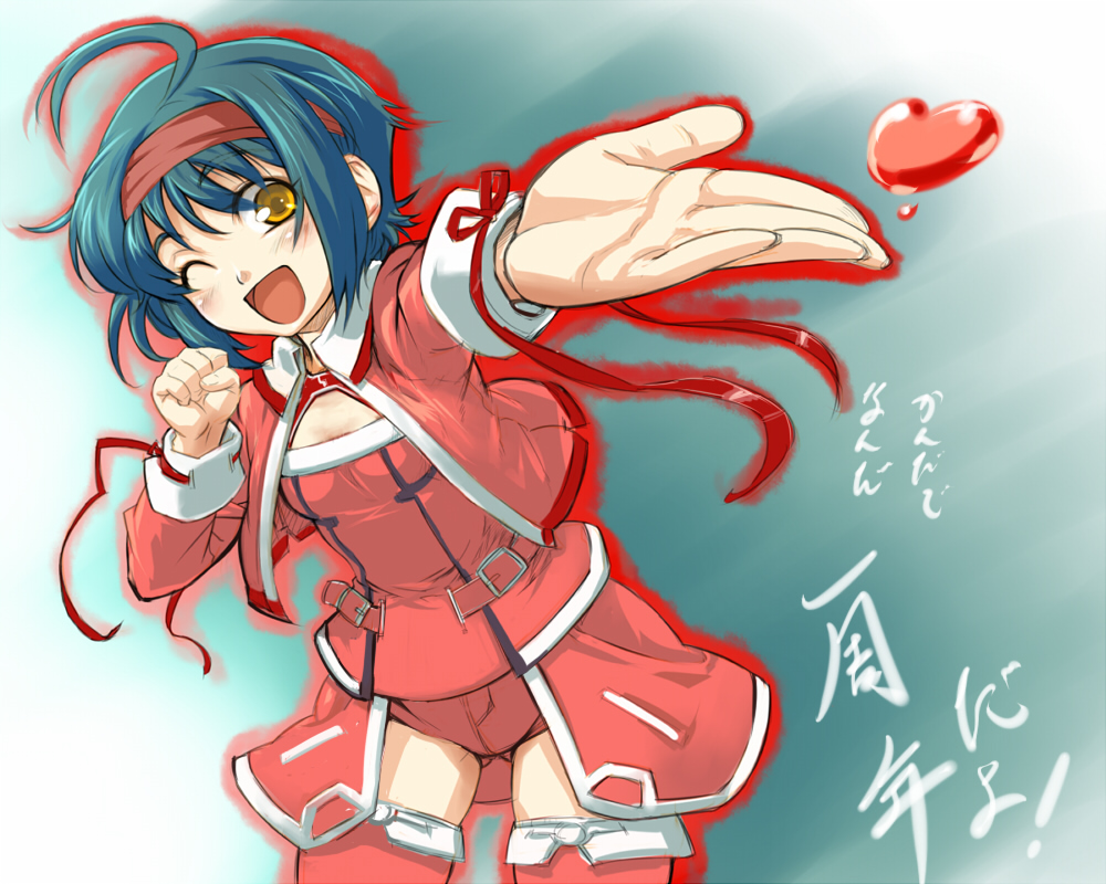 pirano, translation request, !, 1girl, ahoge, blue hair, blush, female focus, foreshortening, hairband, heart, looking at viewer, open mouth, shiny skin, shorts, solo, thighhighs, tongue, yellow eyes