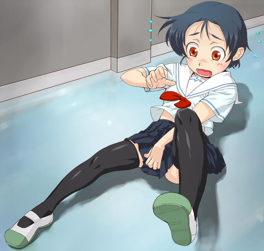 pirano, 1girl, bad anatomy, bad proportions, black thighhighs, blue hair, covering crotch, covering privates, female focus, poorly drawn, red eyes, school uniform, serafuku, shoes, short hair, solo, thighhighs, uwabaki