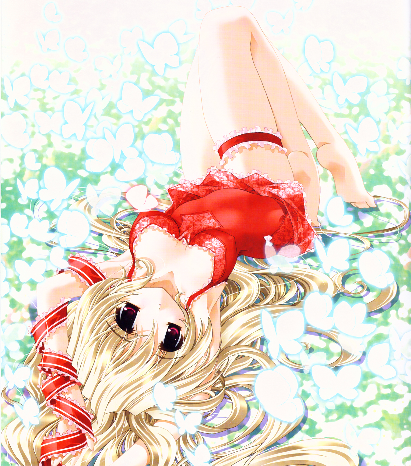 oono tetsuya, aquarian age, highres, 00s, 1girl, barefoot, blonde hair, breasts, bug, butterfly, cleavage, covered erect nipples, downblouse, feet, female focus, frilled thigh strap, insect, lingerie, long hair, lying, on back, red eyes, soles, solo, thigh strap, underwear