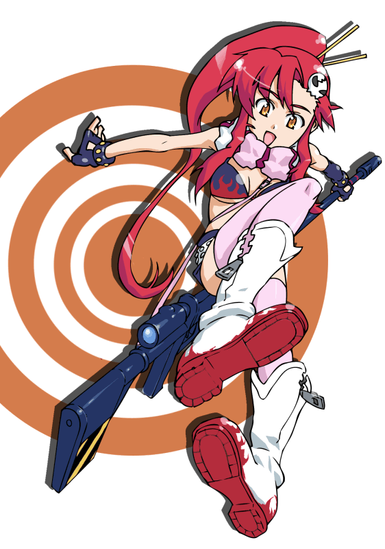 pirano, yoko littner, tengen toppa gurren lagann, 00s, 1girl, bikini, bikini top only, breasts, female focus, fingerless gloves, gloves, gun, medium breasts, ponytail, red hair, rifle, scarf, solo, swimsuit, thighhighs, underboob, weapon, yellow eyes