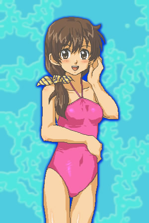 kasuga (kasuga39), tachibana ayumi, famicom tantei club, nintendo, lowres, 1girl, brown hair, female focus, jaggy lines, long hair, looking at viewer, one-piece swimsuit, ponytail, solo, swimsuit