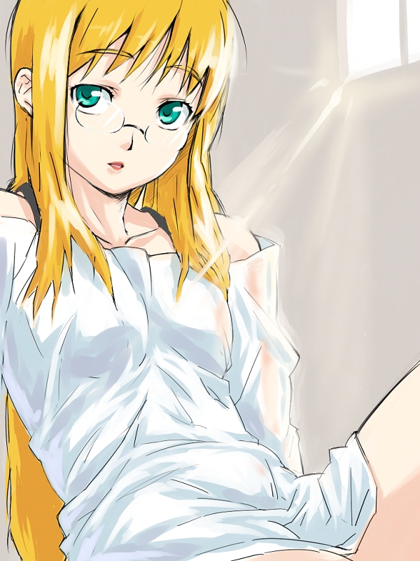 pirano, 1girl, aqua eyes, blonde hair, bottomless, breasts, collarbone, female focus, glasses, light rays, long hair, looking at viewer, open mouth, shirt, short sleeves, sitting, small breasts, solo, sunbeam, sunlight, white shirt, window