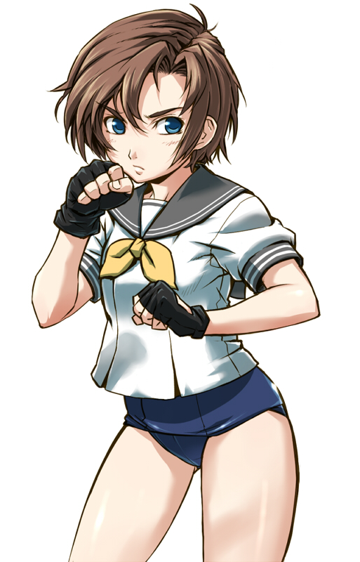 pirano, original, bad id, bad pixiv id, blue eyes, brown hair, fighting stance, fingerless gloves, gloves, no pants, one-piece swimsuit, school swimsuit, school uniform, serafuku, short hair, solo, swimsuit, swimsuit under clothes