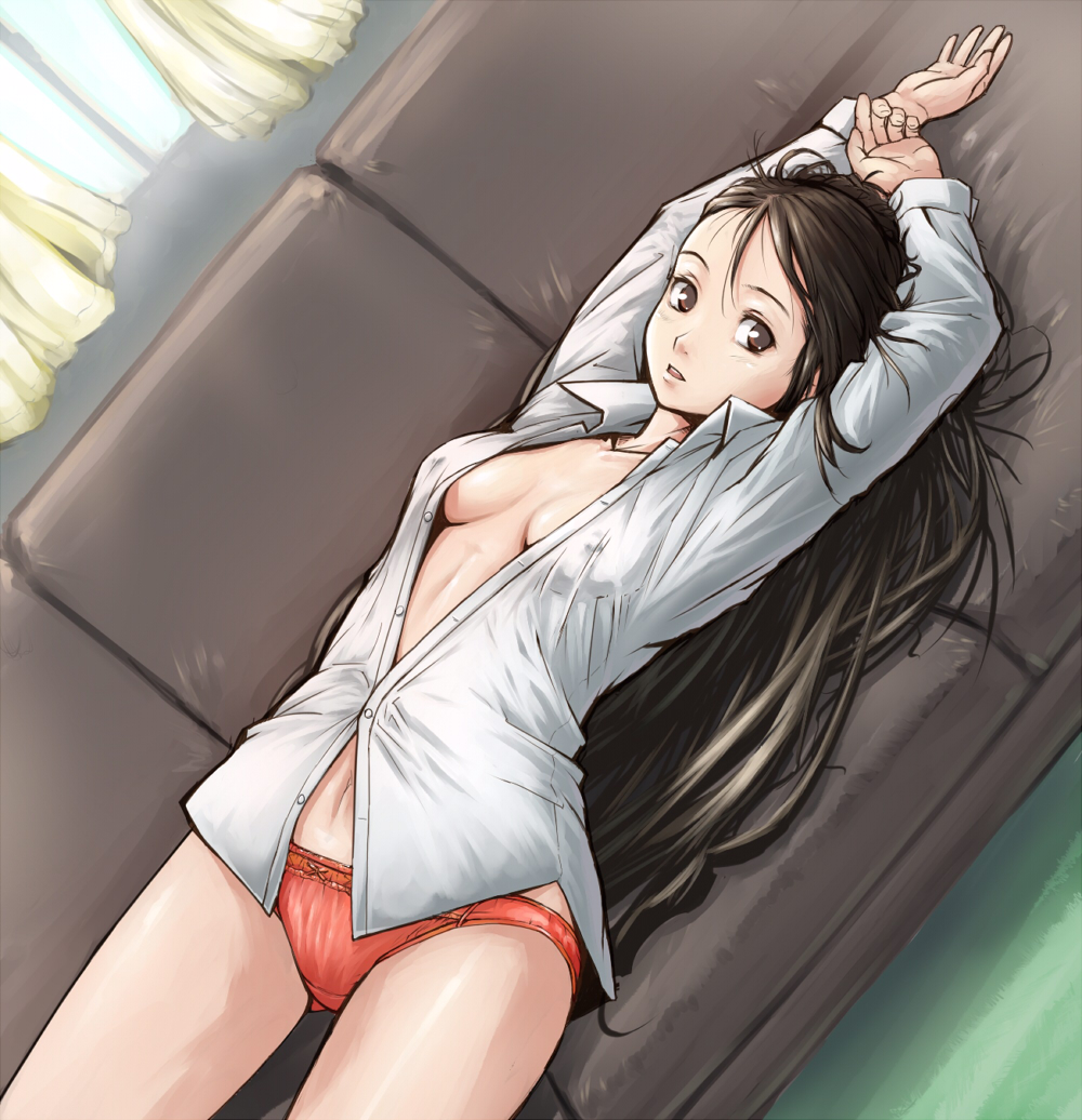 pirano, 1girl, black eyes, black hair, breasts, brown eyes, brown hair, cleavage, covered erect nipples, dress shirt, female focus, long hair, lying, medium breasts, open clothes, open shirt, panties, shirt, solo, underwear