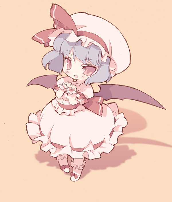 blade (galaxist), remilia scarlet, touhou, light purple hair, bad id, bad pixiv id, 1girl, bat wings, blue hair, female focus, from above, full body, hands on own chest, hat, mob cap, orange background, red eyes, ribbon-trimmed skirt, ribbon trim, short hair, simple background, solo, standing, wings