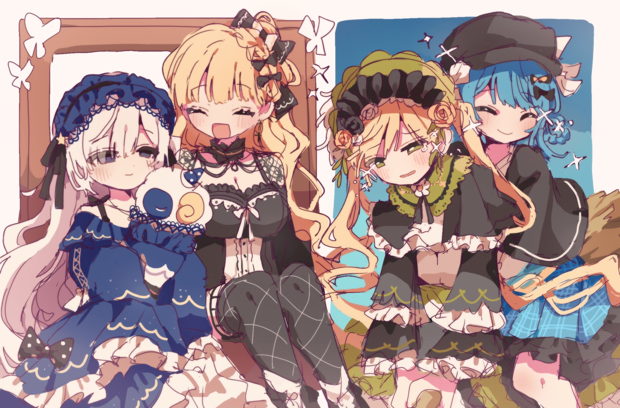 toruriri0718, natsume anan, saeki miria, tachibana sherry, toono hanna, mahou shoujo no majo saiban, commentary request, highres, 4girls, :d, black bow, black capelet, black dress, black flower, black hat, black rose, blonde hair, blue hair, bow, braid, braided hair rings, breasts, broom, broom riding, capelet, closed eyes, closed mouth, dress, flower, frilled dress, frills, gothic lolita, hair bow, hair over one eye, hair rings, hairband, hat, hug, hug from behind, large breasts, lolita fashion, lolita hairband, long hair, long sleeves, magical girl, multiple girls, open mouth, picture frame, purple eyes, rose, short hair, sitting, smile, stuffed animal, stuffed sheep, stuffed toy, white hair, yellow flower, yellow rose