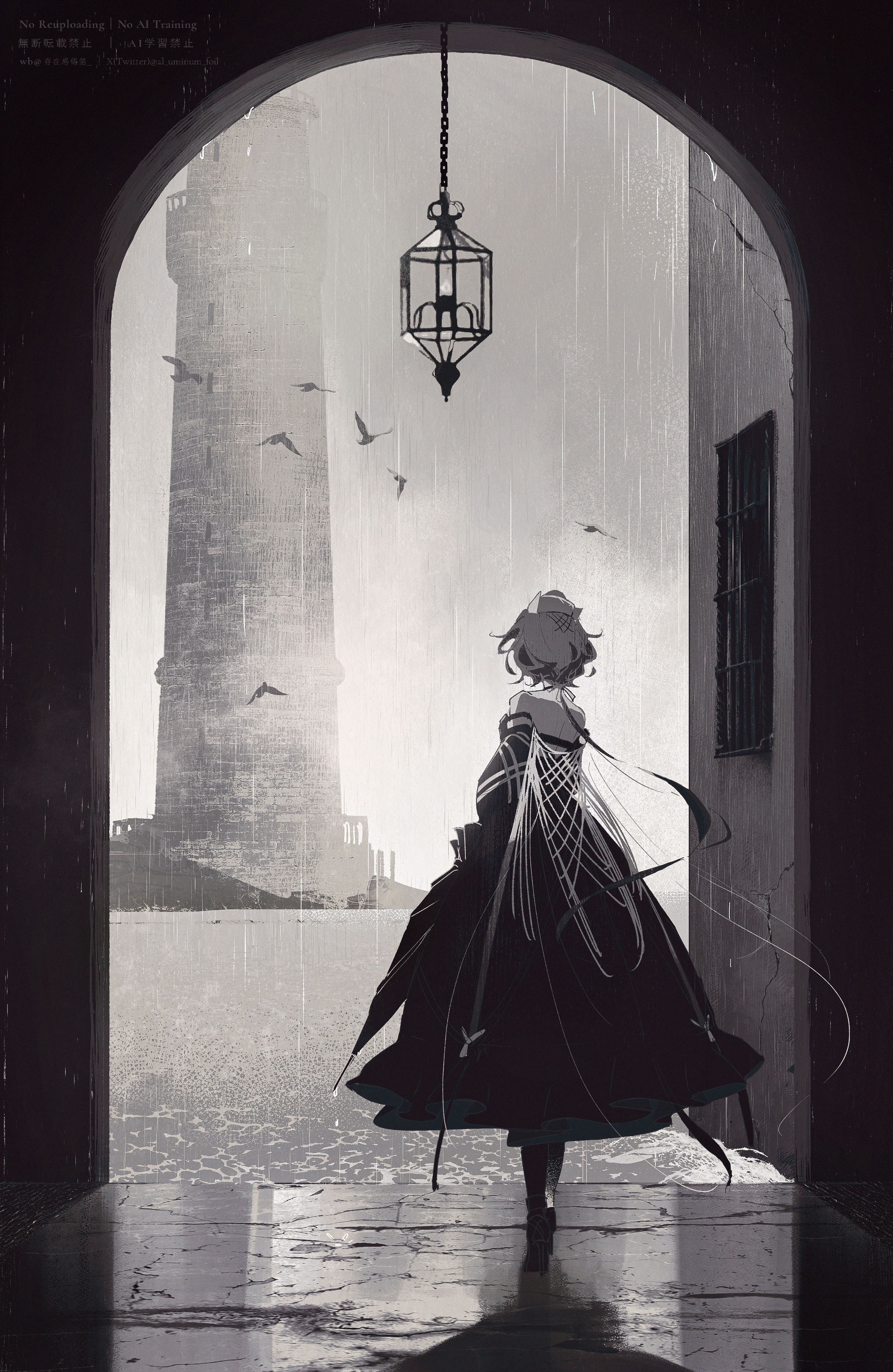 ek276, whisperain (arknights), arknights, absurdres, chinese commentary, commentary request, highres, 1girl, bird, ceiling light, dress, from behind, full body, grey sky, hat, lighthouse, long hair, nurse cap, ocean, outdoors, ponytail, rain, scenery, sky, solo, standing, window
