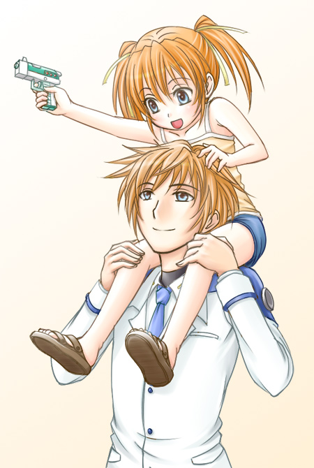 hanemura (hinonoka), teana lanster, tiida lanster, lyrical nanoha, mahou shoujo lyrical nanoha, mahou shoujo lyrical nanoha strikers, 00s, 1boy, 1girl, brother and sister, carrying, child, orange hair, shoulder carry, siblings