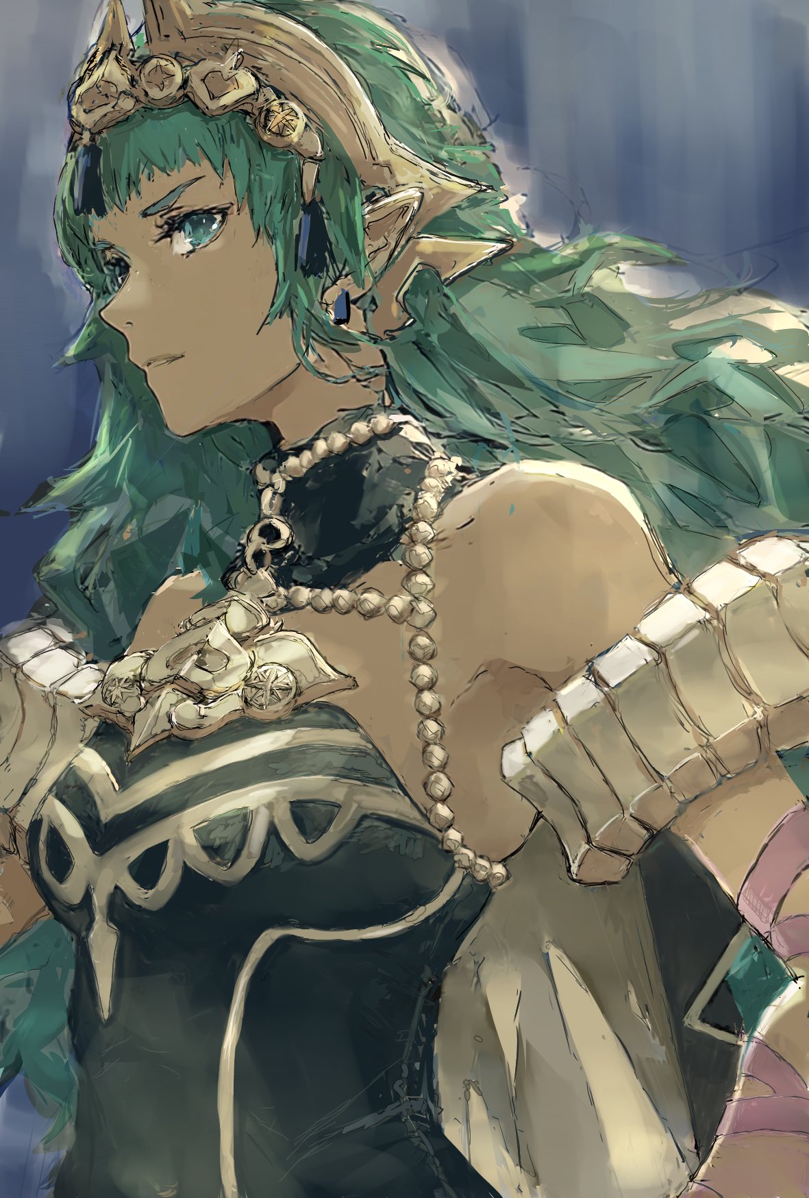 nutori manga, sothis (adult) (fire emblem), sothis (fire emblem), fire emblem, fire emblem: fortune's weave, nintendo, highres, 1girl, bare shoulders, breasts, green eyes, green hair, hair ornament, long hair, medium breasts, pointy ears, solo, tassel, tassel hair ornament, tiara, upper body