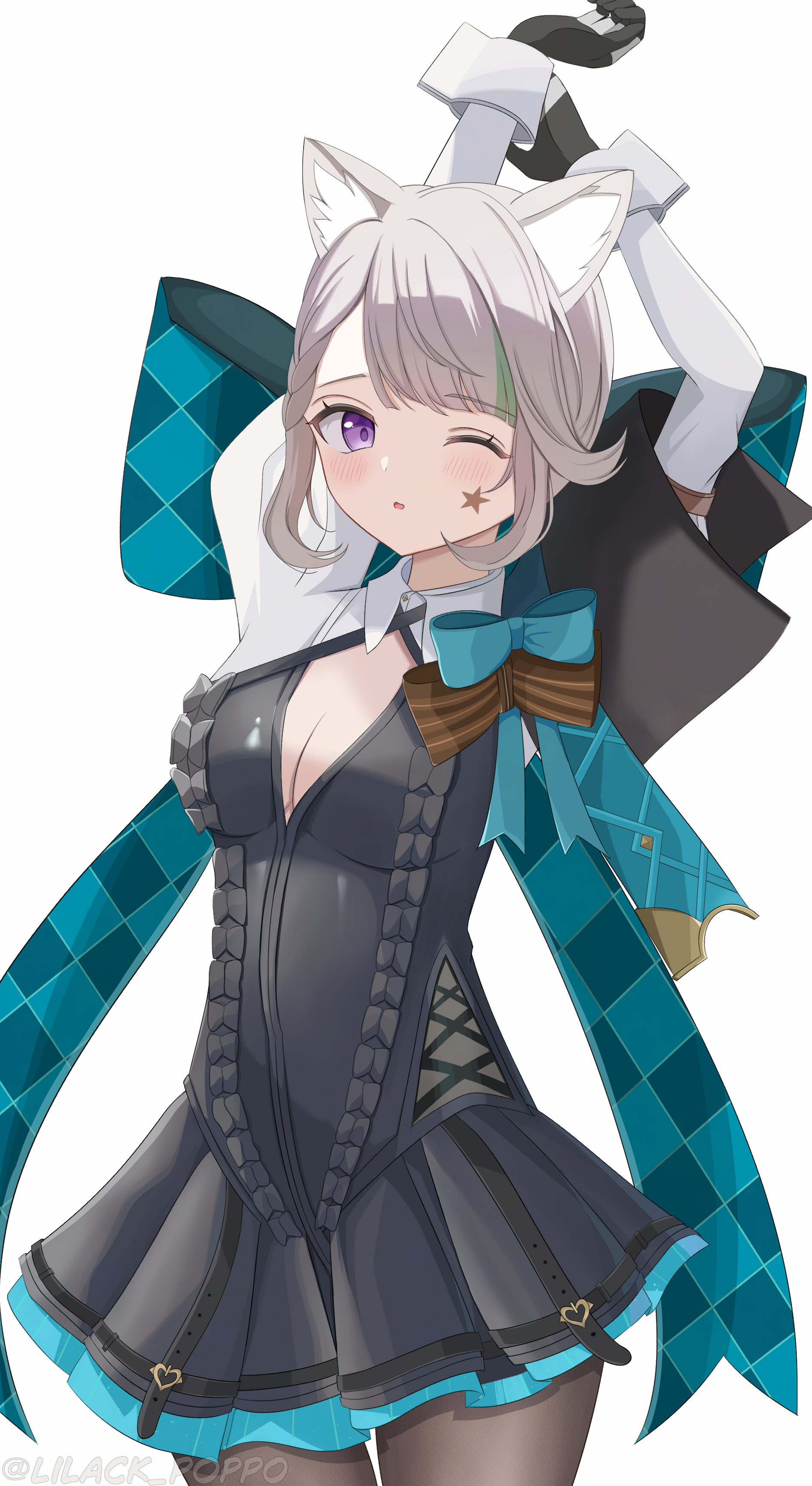 lilack gg, lynette (genshin impact), genshin impact, absurdres, highres, 1girl, animal ears, arms up, black dress, black pantyhose, bow, braid, breasts, cat ears, cat girl, cleavage, dress, frilled dress, frills, grey hair, hair bow, long sleeves, looking at viewer, medium breasts, one eye closed, open mouth, pantyhose, plaid bow, purple eyes, solo