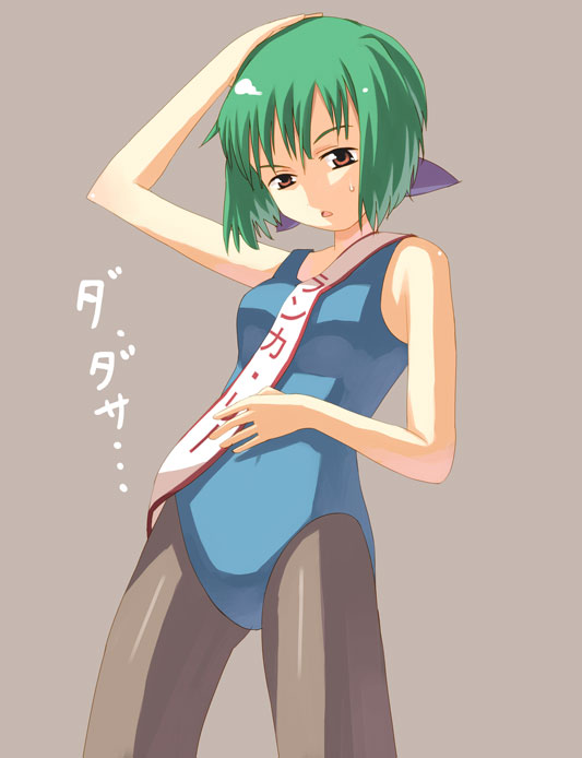 yamamoto shima, ranka lee, macross, macross frontier, 00s, 1girl, :o, arm up, black pantyhose, bodysuit, collarbone, cowboy shot, female focus, green hair, hair ribbon, hand in own hair, leotard, open mouth, pantyhose, parted lips, purple ribbon, red eyes, ribbon, shibahime kyou, short hair, solo, standing, sweatdrop, text focus