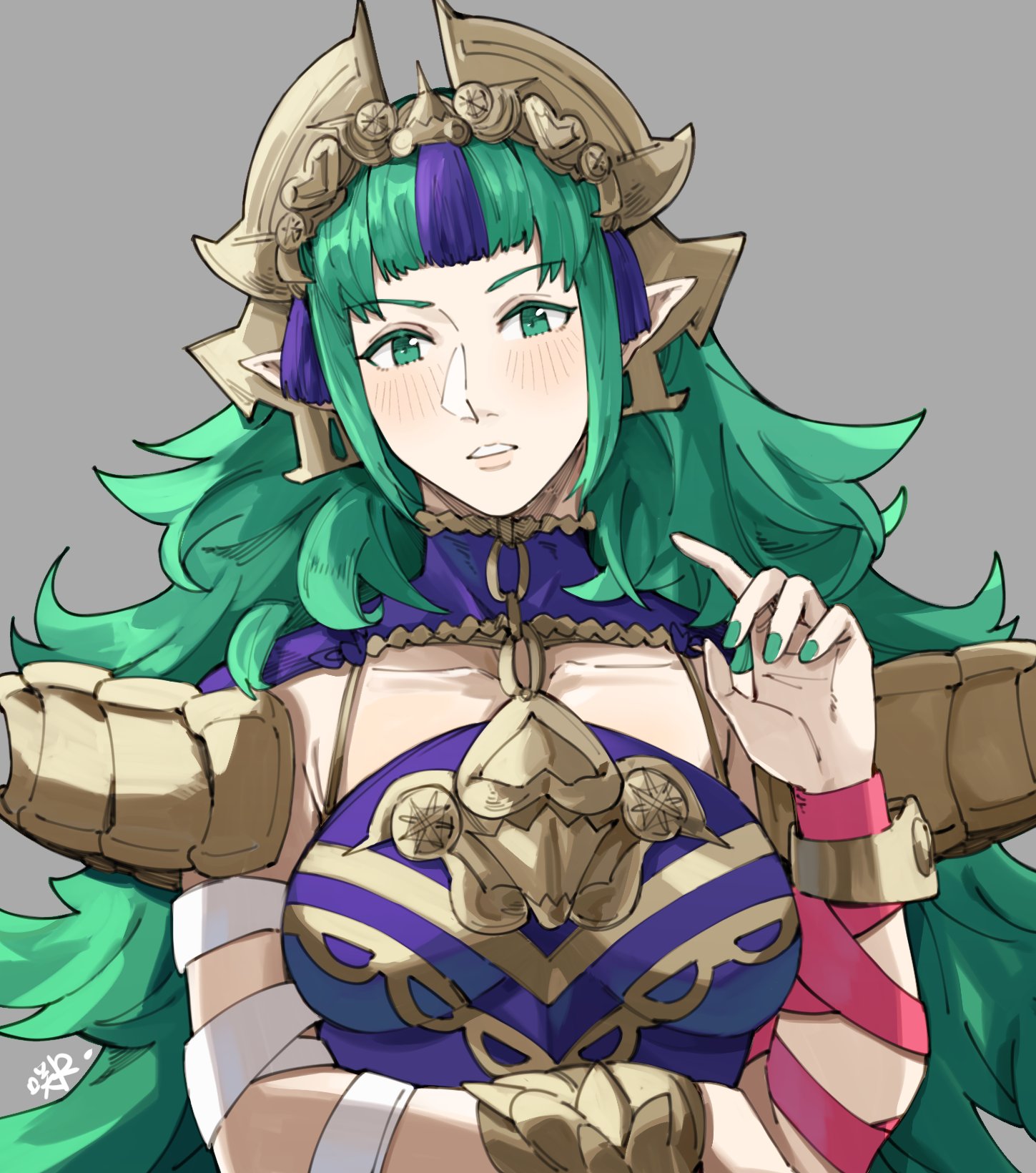 sakuremi, sothis (adult) (fire emblem), sothis (fire emblem), fire emblem, fire emblem: fortune's weave, nintendo, highres, 1girl, arm wrap, breasts, dress, green eyes, green hair, green nails, hair ornament, medium breasts, nail polish, pointy ears, purple dress, solo, tassel, tassel hair ornament, tiara