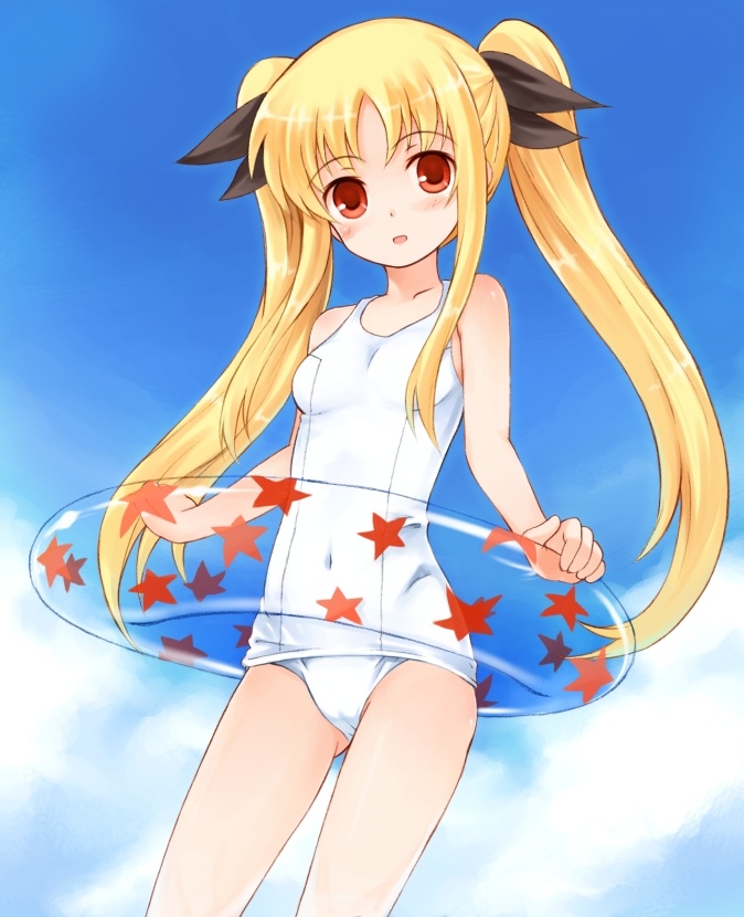 kurasuke, fate testarossa, lyrical nanoha, mahou shoujo lyrical nanoha, mahou shoujo lyrical nanoha a's, 00s, blonde hair, innertube, long hair, one-piece swimsuit, red eyes, school swimsuit, swim ring, swimsuit, twintails, white one-piece swimsuit, white school swimsuit