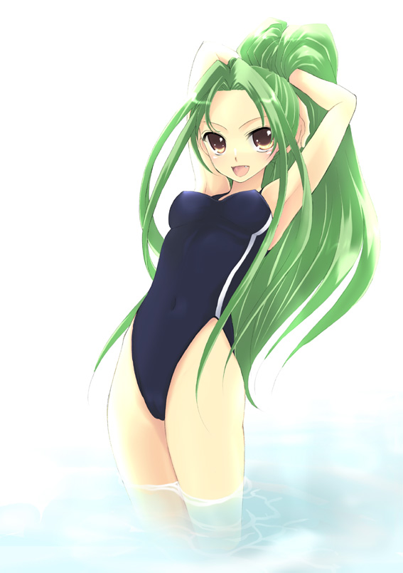 sakurai unan, tsuruya, suzumiya haruhi no yuuutsu, 00s, 1girl, arms behind head, arms up, breasts, competition swimsuit, fang, female focus, green hair, long hair, one-piece swimsuit, ponytail, single vertical stripe, solo, swimsuit, very long hair, wading, water