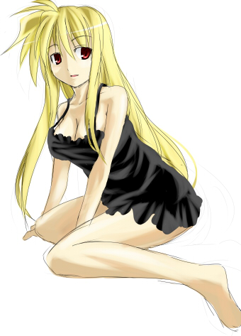 boshinote, fate testarossa, lyrical nanoha, mahou shoujo lyrical nanoha, mahou shoujo lyrical nanoha strikers, lowres, 00s, 1girl, barefoot, blonde hair, breasts, cleavage, female focus, large breasts, long hair, red eyes, solo, very long hair