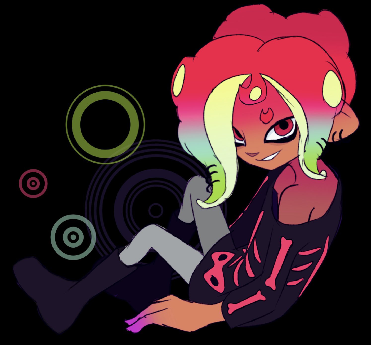 mashup (splatoon), nintendo, splatoon (series), splatoon 2, highres, 1boy, black background, black boots, boots, facing to the side, full body, gradient hair, grey leggings, grin, hair ornament, invisible chair, leggings, looking at viewer, multicolored hair, octoling, off-shoulder shirt, off shoulder, open mouth, piercing, pointy ears, red eyes, red hair, shirt, shoes, short eyebrows, short hair, sidelocks, simple background, single bare shoulder, sitting, skeleton print, smile, solo, spread legs, tentacle hair, tentacle piercing, thick eyebrows, wamairii