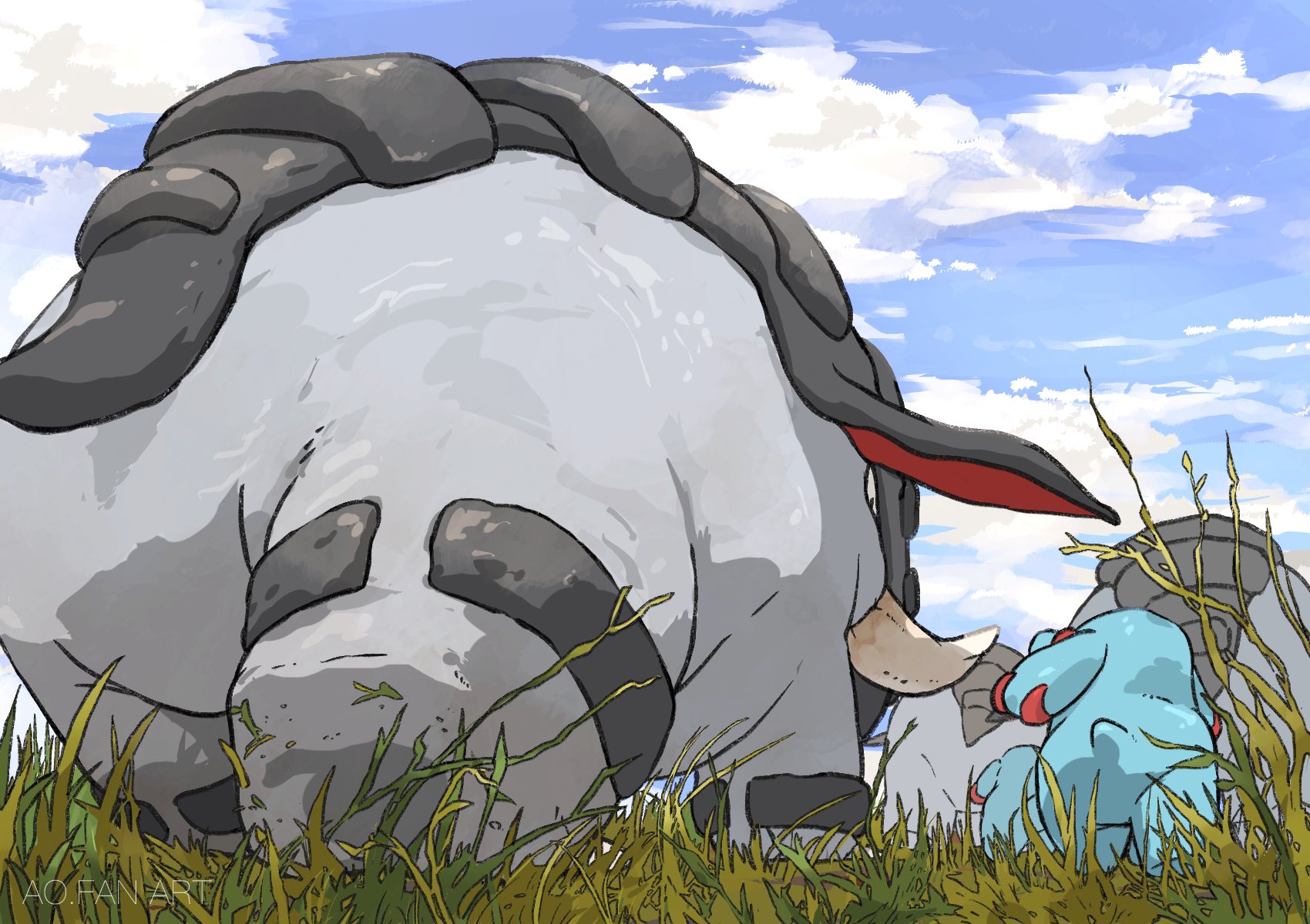 aomon (yuuji7604), donphan, phanpy, nintendo, pokemon, highres, animal focus, blue sky, cloud, evolutionary line, from behind, gen 2 pokemon, grass, no humans, outdoors, pokemon (creature), pokemon focus, sky, tail, tusks