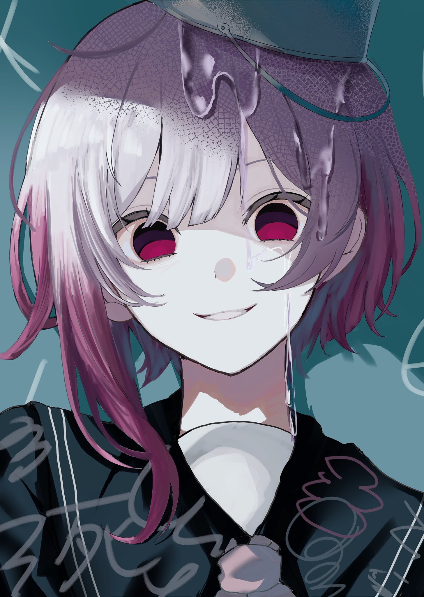 sakuraba ema, mahou shoujo no majo saiban, commentary request, highres, 1girl, ayu (love 5), black shirt, bucket, bucket on head, crazy smile, gradient hair, hair between eyes, looking at viewer, multicolored hair, object on head, pink eyes, pink hair, school uniform, shirt, short hair, smile, solo, upper body, water, white hair