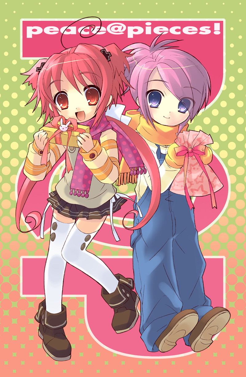 ito noizi, akizuki nagi, momose hikaru, peace@pieces, highres, overalls, purple eyes, purple hair, red eyes, red hair, smile, thighhighs