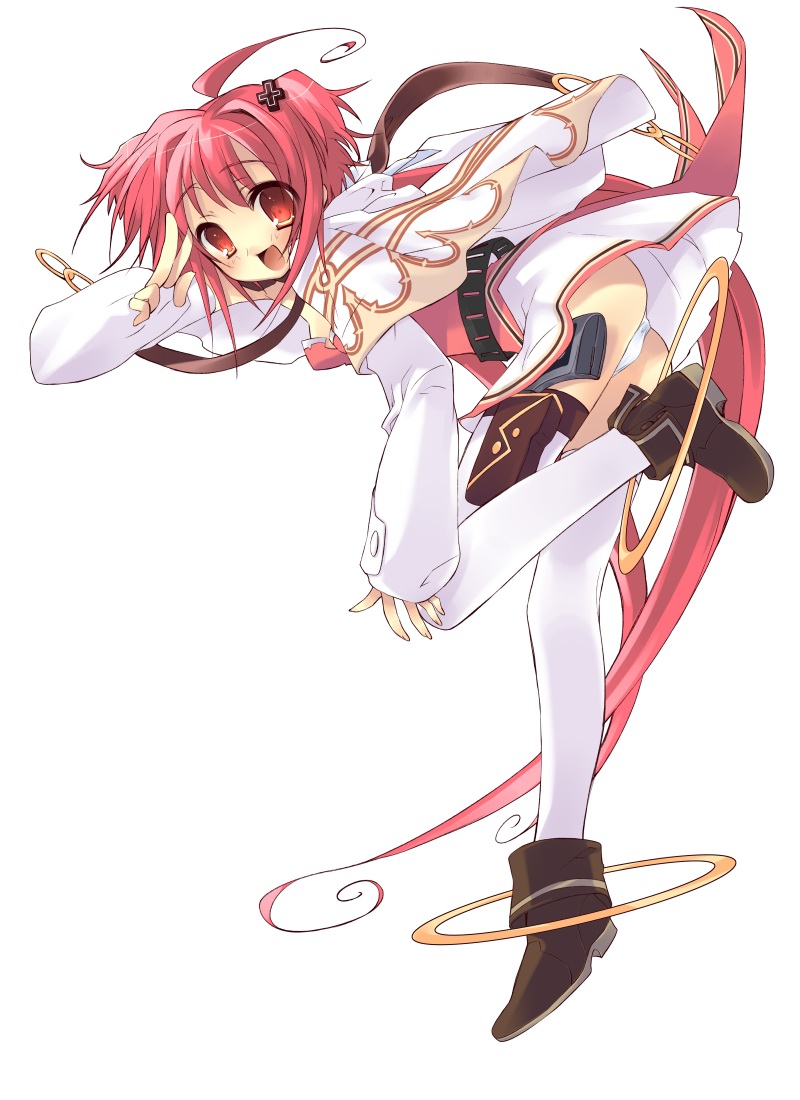 ito noizi, momose hikaru, peace@pieces, 1girl, ass, belt, bent over, blush, female focus, gun, holster, panties, pantyshot, red eyes, red hair, smile, solo, standing, thigh holster, thighhighs, underwear, upskirt, v, weapon, white background