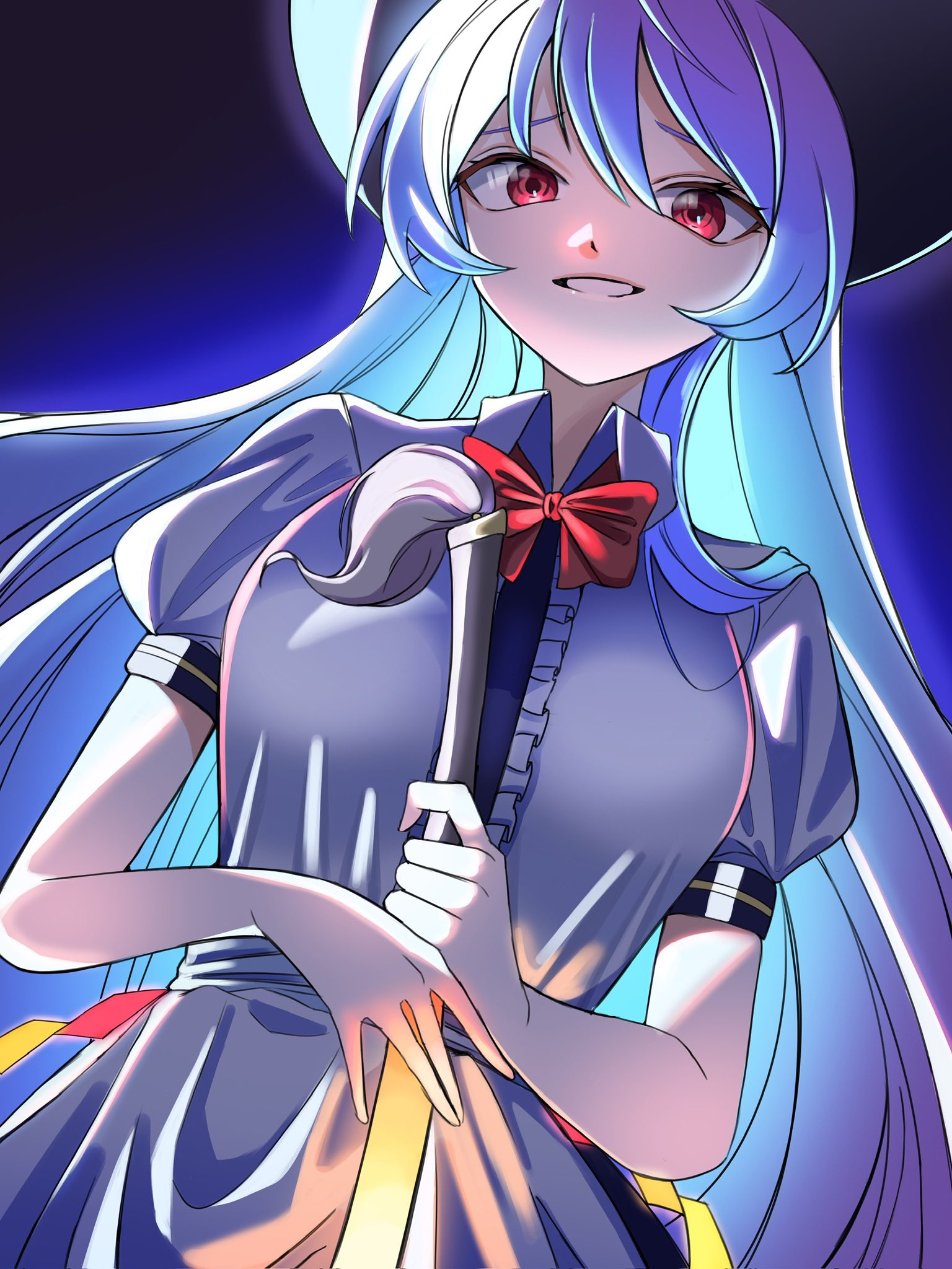 hinanawi tenshi, touhou, commentary, english commentary, highres, 1girl, black hat, blue hair, food, fruit, fruit hat ornament, hat, hat ornament, kokonut gag, leaf hat ornament, long hair, peach, peach hat ornament, puffy short sleeves, puffy sleeves, rainbow gradient, rainbow order, red eyes, short sleeves, smile, solo, sword of hisou