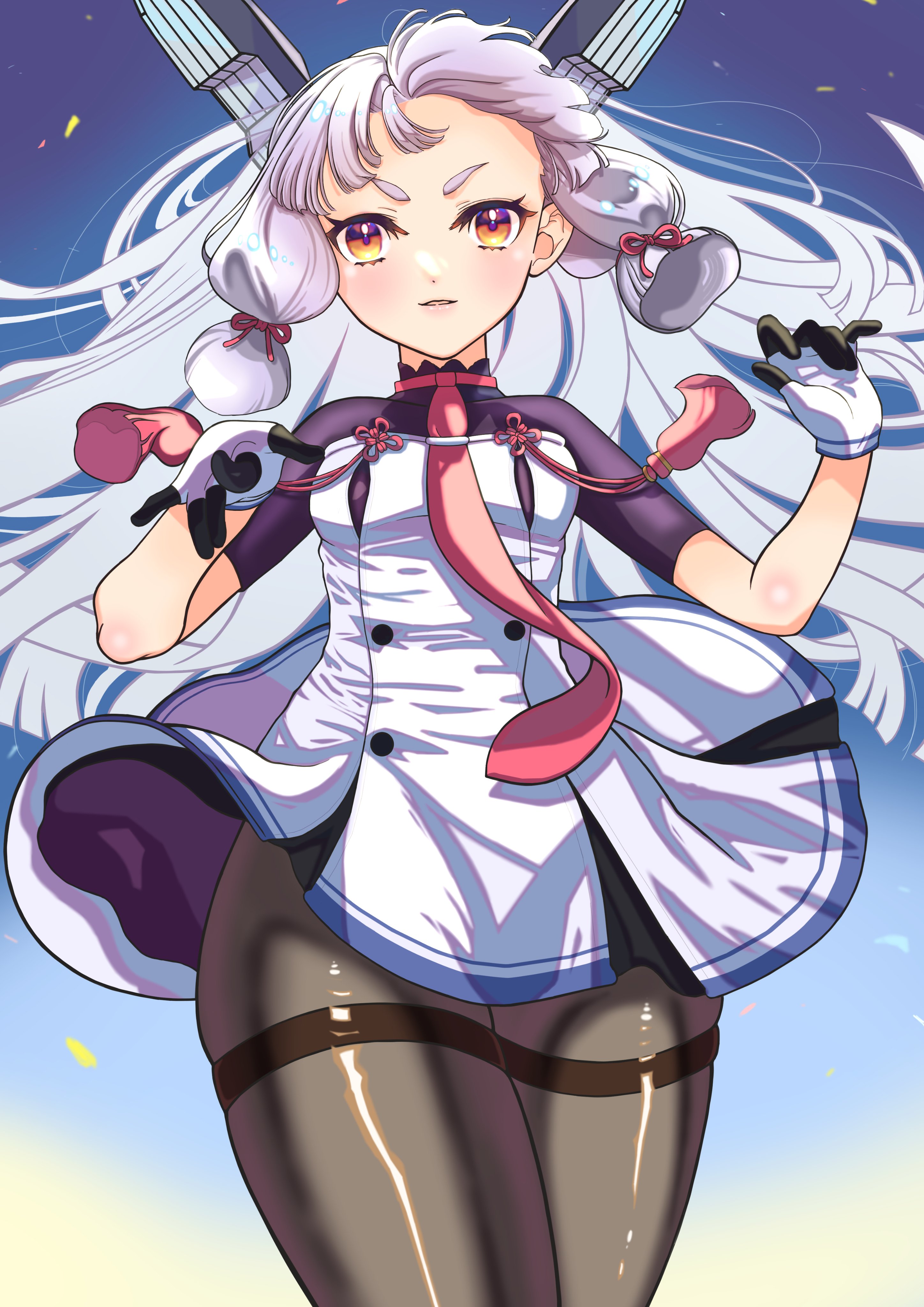 murakumo (kancolle), murakumo kai ni (kancolle), kantai collection, absurdres, highres, 1girl, black pantyhose, blue background, blunt bangs, breasts, dress, floating headgear, gloves, glowing headgear, gradient background, grey hair, hair ribbon, headgear, lips, long hair, looking at viewer, necktie, neko to imo, orange eyes, pantyhose, red necktie, ribbon, sailor dress, short eyebrows, small breasts, smile, solo, thighband pantyhose, tress ribbon