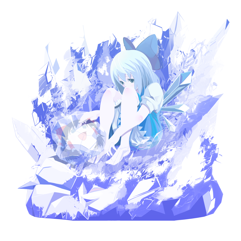 tsukumo (soar99), cirno, hakurei reimu, touhou, 1girl, bloomers, blue eyes, blue hair, blush, body blush, bow, female focus, frozen, hair bow, ice, knees to chest, large bow, matching hair/eyes, ribbon, sitting, solo, underwear, yukkuri shiteitte ne