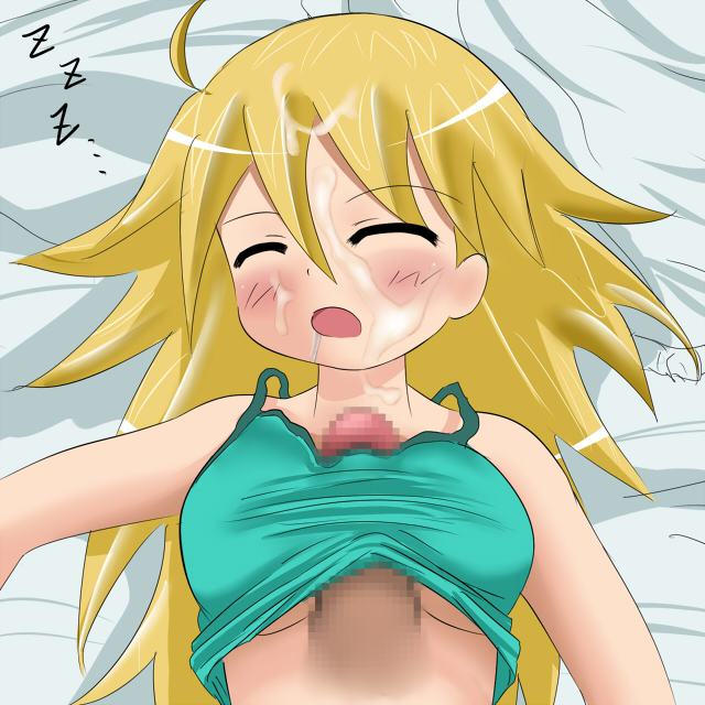 hoshii miki, idolmaster, idolmaster (classic), idolmaster 1, 00s, 1girl, bed, blonde hair, blush, breasts, censored, closed eyes, cum, cum on body, disembodied penis, facial, handsfree paizuri, long hair, lying, on back, paizuri, penis, sleep molestation, sleeping, small breasts, solo focus, straddling, straddling paizuri