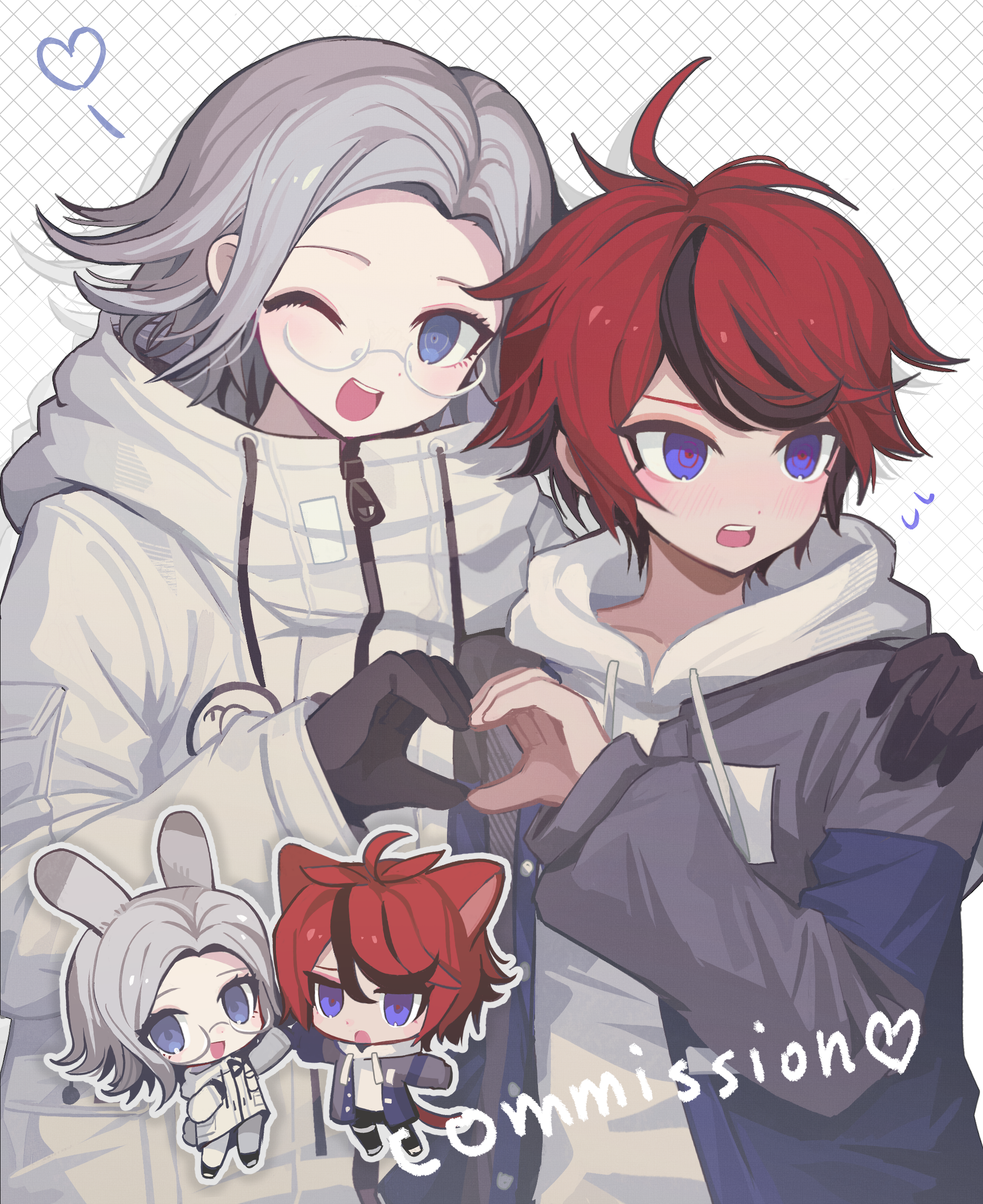aotsuki eito, sumino takumi, the hundred line -last defense academy-, absurdres, chinese commentary, commentary, commission, highres, 2boys, :d, ahoge, animal ears, black gloves, black streaks, blue eyes, blue jacket, blush, cat boy, cat ears, cat tail, chibi, chibi inset, flying sweatdrops, glasses, gloves, grey hair, grey jacket, heart, heart hands, heart hands duo, hood, hoodie, jacket, jacket over hoodie, kemonomimi mode, looking at viewer, male focus, multicolored hair, multicolored jacket, multiple boys, one eye closed, open mouth, rabbit ears, rabbit tail, red hair, robinthebird007, short hair, sleeve pouch, smile, streaked hair, tail, teeth, two-tone jacket, upper teeth only, white background, white hoodie, white jacket, yaoi