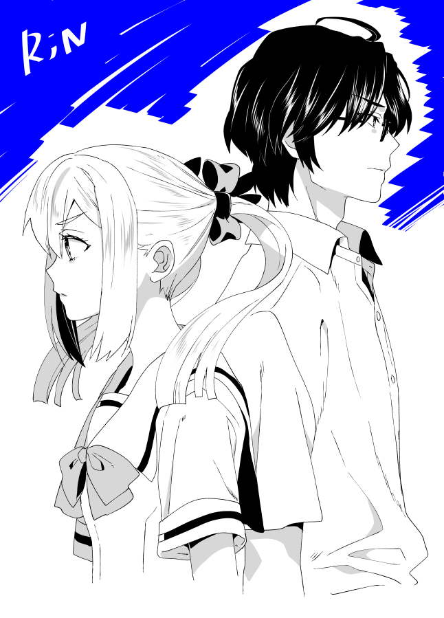 ikuhashi muiko, hidaka subaru, koujiro frau, robotics;notes, science adventure, black-framed eyewear, breasts, chest bow, chuo tanegashima high school uniform, dress shirt, glasses, school uniform, serafuku, serious, shirt, small breasts, two side up