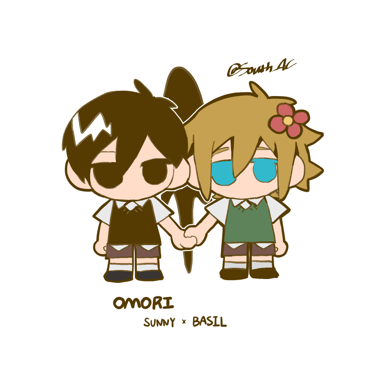 south ac, basil (faraway) (omori), basil (omori), something (omori), sunny (omori), omori, highres, 2boys, black eyes, black hair, blonde hair, blue eyes, chibi, chibi only, multiple boys, sweater vest