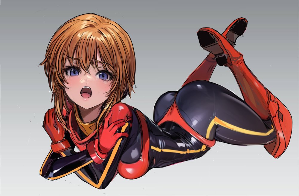 huo ji wu, puru two, gundam, gundam zz, 1girl, ass, black bodysuit, blush, bodysuit, breasts, gloves, looking at viewer, lying, mecha pilot suit, normal suit (gundam), on stomach, open mouth, orange hair, purple eyes, red gloves, shiny clothes, short hair, sidelocks, skin tight, small breasts, solo