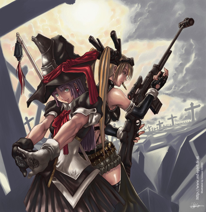shonensan, blonde hair, dress, earrings, fingerless gloves, gloves, graveyard, gun, hat, jewelry, purple hair, weapon, witch hat