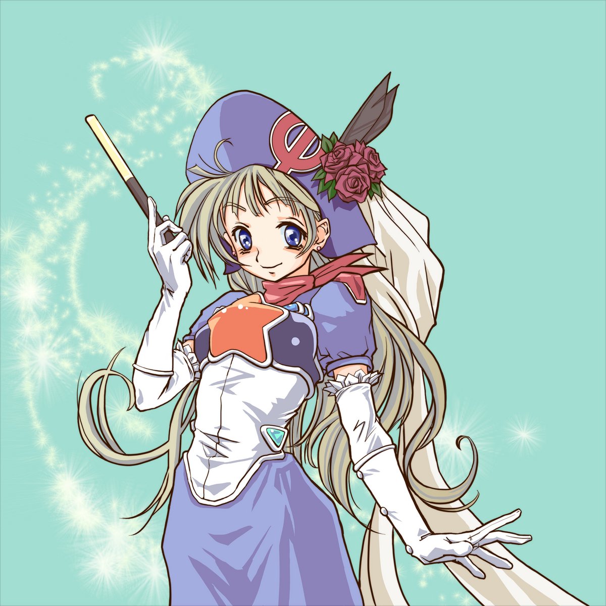 temp h, opera-tan, os-tan, silver hair, highres, 1girl, blue eyes, dress, elbow gloves, feathers, female focus, flower, gloves, hat, long hair, ribbon, rose, solo, wand