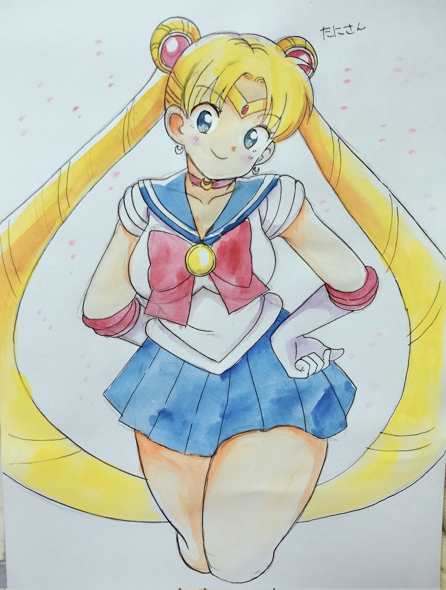 sailor moon, tsukino usagi, bishoujo senshi sailor moon, highres, traditional media, 1girl, blonde hair, blue eyes, blue sailor collar, bow, choker, circlet, crescent, crescent choker, crescent earrings, double bun, earrings, elbow gloves, gloves, hair bun, hair ornament, heart, jewelry, long hair, magical girl, parted bangs, red bow, red choker, sailor collar, sailor senshi uniform, simple background, skirt, solo, tani gorira, thick thighs, thighs, twintails, white background, white gloves