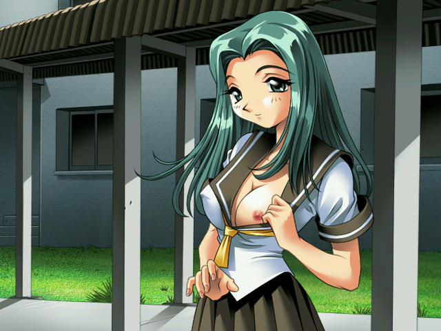 the seiji, nishizaki satomi, hakoiri musume, game cg, jpeg artifacts, 1girl, breasts, flashing, green eyes, green hair, long hair, nipples, school uniform, serafuku