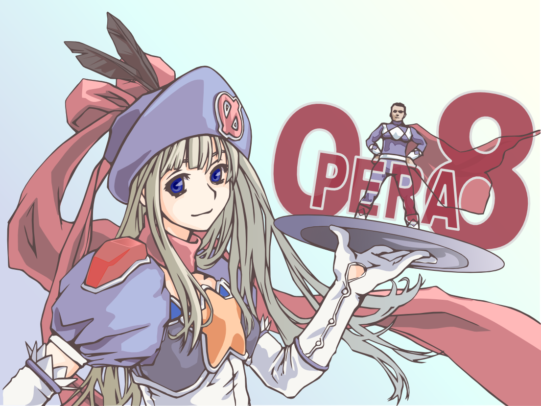 temp h, opera-tan, os-tan, silver hair, 1girl, blue eyes, dress, elbow gloves, feathers, female focus, gloves, hat, long hair, ribbon, solo, superhero costume, transparent background