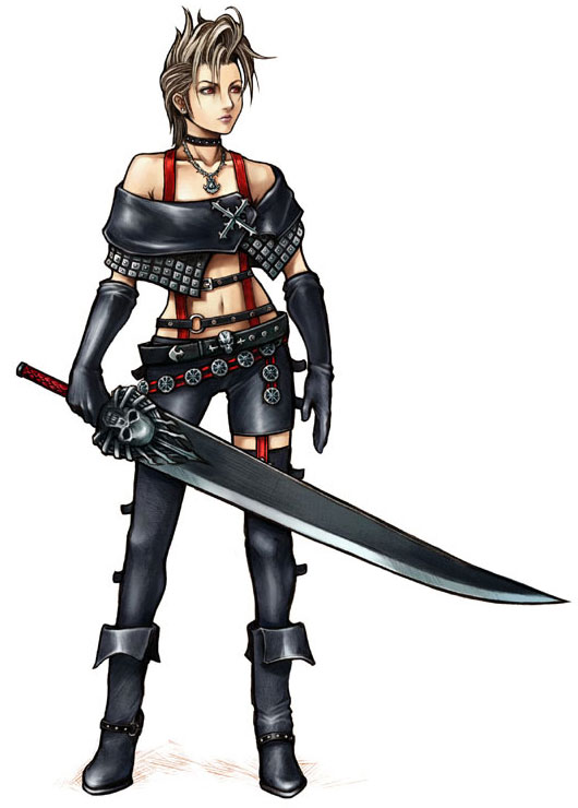 nomura tetsuya, paine, paine (ff10), final fantasy, final fantasy x, final fantasy x-2, official art, 00s, 1girl, belt, black shorts, boots, choker, female focus, gloves, jewelry, midriff, necklace, red eyes, short hair, shorts, solo, sword, weapon