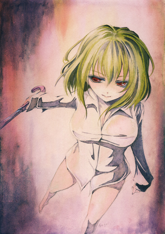 sugai, kazami yuuka, touhou, traditional media, 1girl, blonde hair, bottomless, breasts, calligraphy brush, cleavage, closed umbrella, dress shirt, female focus, from above, green hair, large breasts, naked shirt, paintbrush, parasol, perspective, red eyes, shirt, solo, umbrella